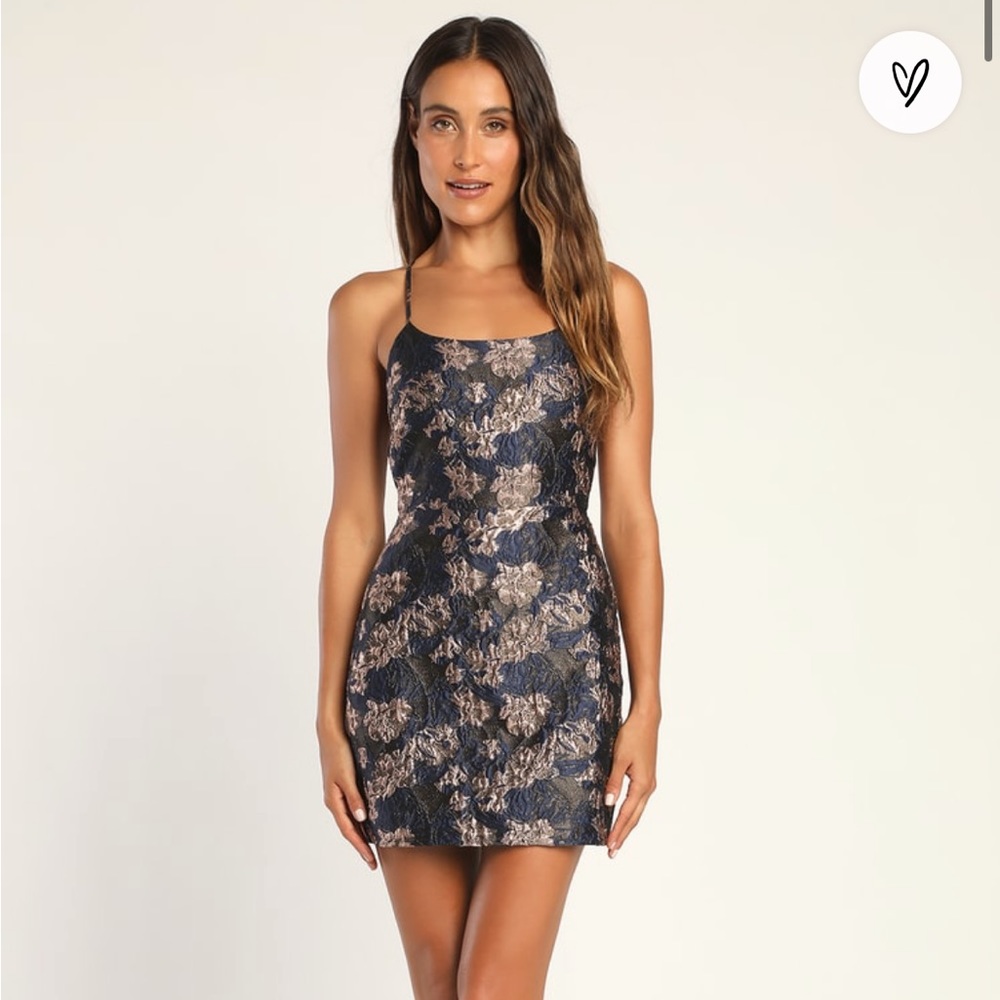 NWT Lulu’s Everlasting Babe Navy Floral Jacquard Lace-Up Mini Dress